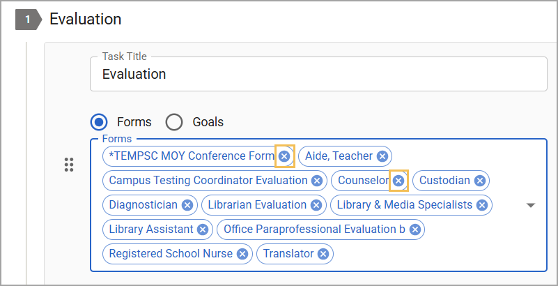 Evaluation task with various forms listed for different roles and responsibilities, with some to be removed.